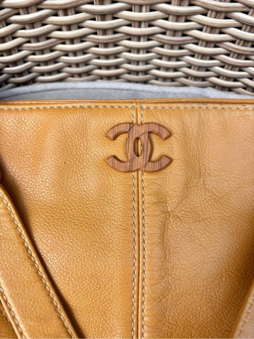 Authentic CHANEL mustard caviar leather mini tote tortoiseshell hardware